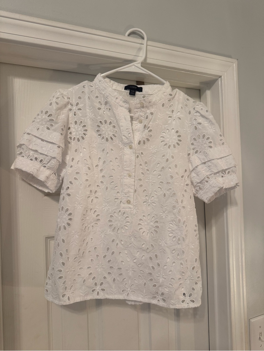 J. Crew White Eyelet Short Sleeve Puff Blouse